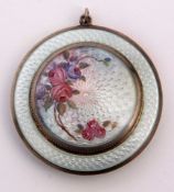 George V silver gilt and guilloche enamelled powder compact, of circular form with ring suspension
