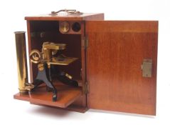 Early 20th century mahogany cased patinated and lacquer brass monocular microscope, Bar-Limb, with