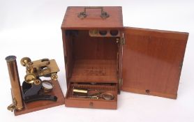 Late 19th century mahogany cased monocular microscope, Bar-Limb, the black finished Y shaped foot