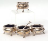 Four George III Scottish cauldron salts, each with cast and applied gadrooned borders to