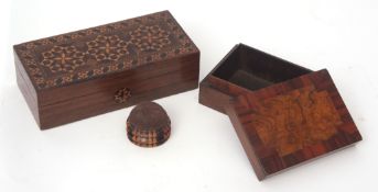 Small rectangular box with parquetry inlaid lid and escutcheon, further small parquetry pin