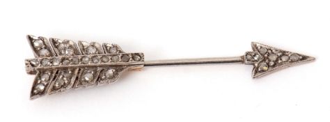 Precious metal Art Deco diamond arrow jabot pin, the head and feathers set with small rose cut