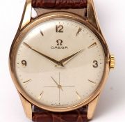 Mid-20th century 9ct gold wrist watch, Omega, cal 267, 16932759, the bronzed 17-jewel movement