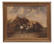 ATTRIBUTED TO WILLIAM SHAYER (1788-1879) Figure with haycart before a thatched barn oil on canvas,