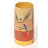 Clarice Cliff ribbed vase decorated in Bizarre style with a feather pattern, the base with factory