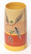 Clarice Cliff ribbed vase decorated in Bizarre style with a feather pattern, the base with factory