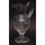 19th century, probably Irish, lead crystal large water jug, heavily faceted and with waisted support