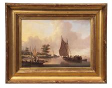 CHARLES MARTIN POWELL (1775-1824) Shipping and figures in an estuary oil on panel, signed lower left