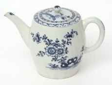 An unusual Lowestoft barrel shaped tea pot, circa 1770, and a cover decorated in underglaze blue