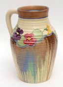 Large Clarice Cliff Isis vase, with single handle, decorated with pansies, on a ribbed ground, 30cms