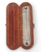 19th century mahogany cased silvered twin-scale mercury thermometer with scales for Fahrenheit and
