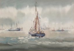 AR SYBIL MULLEN GLOVER, RI, RSMA (1908-1995) Shipping scenewatercolour, signed lower right 36 x