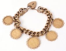 9ct gold curb link bracelet suspending a full sovereign and four half sovereigns, each in scroll