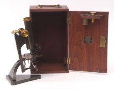 Early 20th century patinated and lacquered brass monocular microscope, R & J Beck - London,