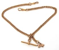 Early 20th century 9ct gold curb link watch chain set with two swivels and central fixed T-bar and