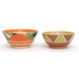 Two Clarice Cliff bowls decorated with geometric patterns, largest 20cms diam