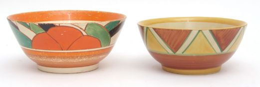 Two Clarice Cliff bowls decorated with geometric patterns, largest 20cms diam
