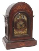 Early 20th century German walnut and inlaid triple spring barrel mantel clock, Junghans, the