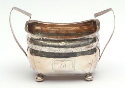 Late George III Irish two-handled sugar basin, of rectangular form with applied egg and dart border,