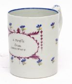 Rare small Lowestoft mug with a Chantilly sprig decoration, circa 1790, the front with a cartouche