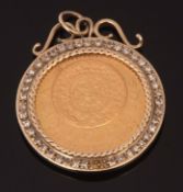 Mexican 1959 Veinte 20 pesos gold coin, framed in a diamond set yellow metal pendant mount, gross wt