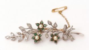 Precious metal diamond, emerald and pearl spray brooch set with 24 small diamonds, 15 small emeralds