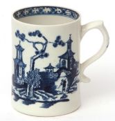 Lowestoft small mug, circa 1780, printed in underglaze blue with a pagoda and Chinese islands with a
