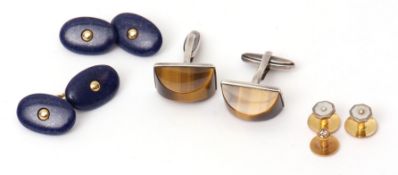 Mixed Lot: pair of vintage lapis lazuli cuff links, the plain polished oval discs with yellow