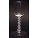 Late 18th century bucket bowl goblet, latticinio opaque twist stem and spreading circular foot,