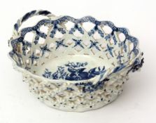 Lowestoft blue and white decorated basket circa 1770, decorated with a print design after a