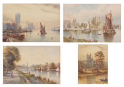 CHARLES FREDERICK ALLBON (1856-1926) "Kingston Bridge", "Bath Abbey", "Rochester Castle" and "Houses