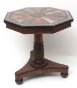 19th century pietra dura pedestal table of octagonal form, central multi-coloured radiating pattern,