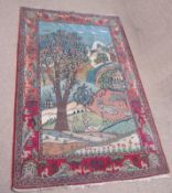 Unusual Caucasian carpet, the central panel decorated with a scene of mountainous landscape with