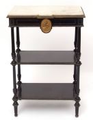 Late 19th century French marble topped three-tier etagere, the ebonised frame with gilt metal