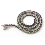 Early 20th century Turkish prisoner of war beaded snake, constructed of green, white and black beads