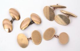 Three pairs of vintage 9ct gold cuff links, oval shaped with chain connectors, two hallmarked for