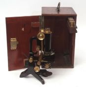 Early 20th century black finished and lacquered brass monocular microscope, C Baker - 244 High