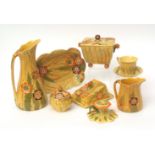 Carlton ware "Australian Design" tea set, the green and yellow streaked body decorated with