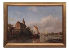 WILHELM GEORGE WAGNER (1814-1855) Dutch river scene with barges by a building oil on panel,