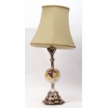 Mid-20th century table lamp and shade with silver metal mounts, the centre with a circular Moorcroft