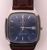 Late 20th century stainless steel quartz centre seconds calendar wrist watch, Omega "Seamaster"