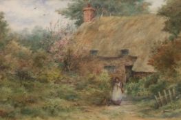 HELEN ALLINGHAM, RWS (1848-1926) Lady and cat before a thatched cottage watercolour, signed lower