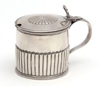 George III drum mustard of circular form with hinged cover, cast and pierced thumb piece and