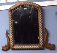 Gilded and painted small overmantel mirror in the nautical taste, arched top and rope twist