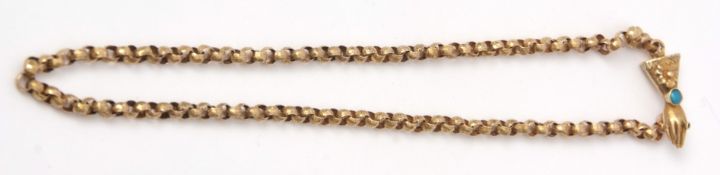 19th century gold chain of circular milled links to a gloved hand clasp, set with oval turquoise and