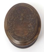 Fine early 18th Century pressed horn snuff box by John Obrisset of oval form and bearing the Arms of