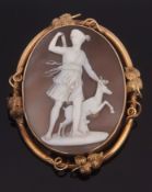 Victorian large shell cameo brooch circa 1870, depicting a carved full length portrait of Diana