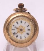 Late 19th century Swiss 14K open face keyless fob watch, the frosted gilt and jewelled movement with