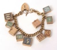 18ct gold curb link bracelet, suspending £1, £5 and £10 note charms in 9ct gold (break glass in