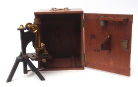 Early 20th century black crackle finish and lacquered brass monocular microscope, R & J Beck Ltd,